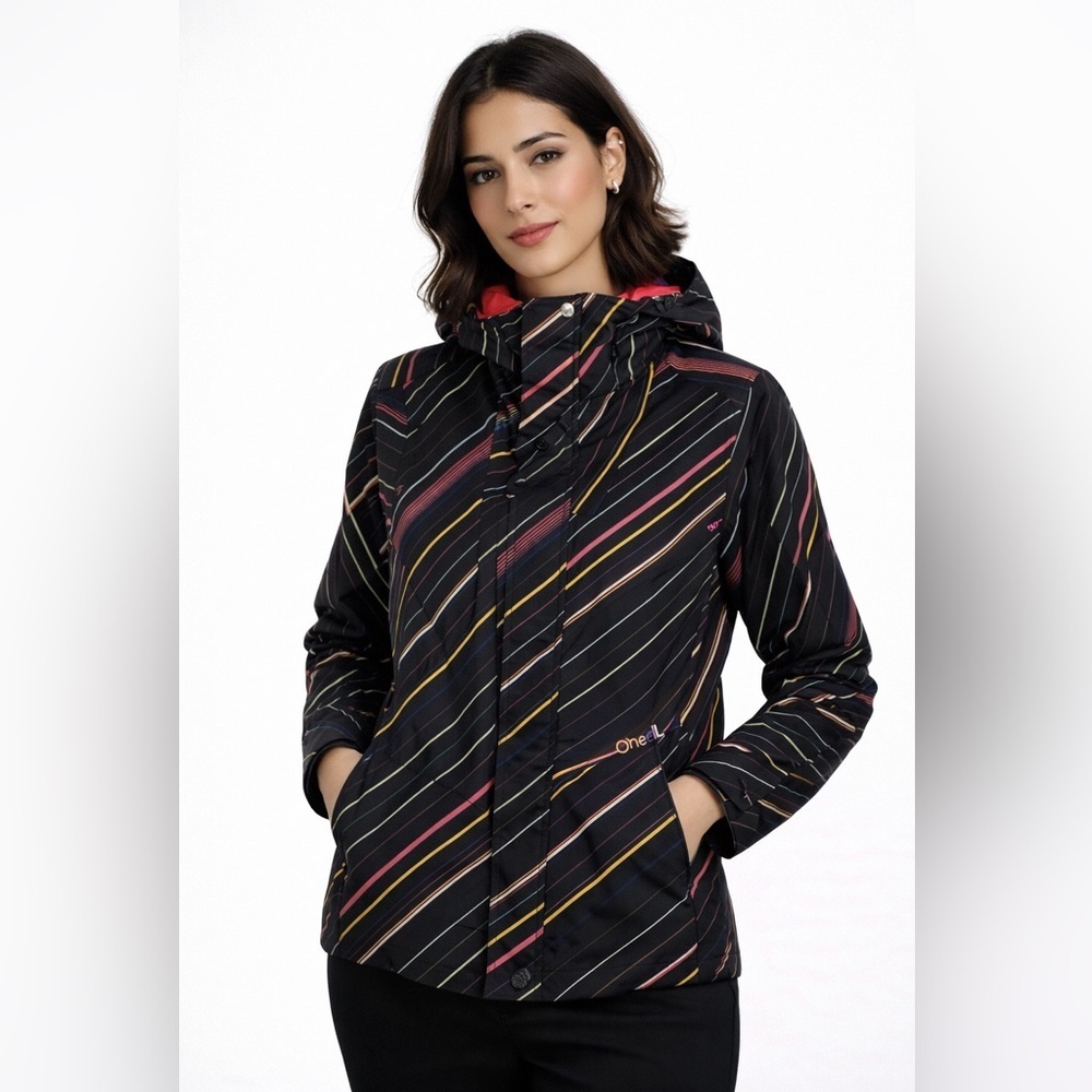O’Neill Hooded Ski Sniwboard Jacket Black Multicolor Stripe Women’s Large